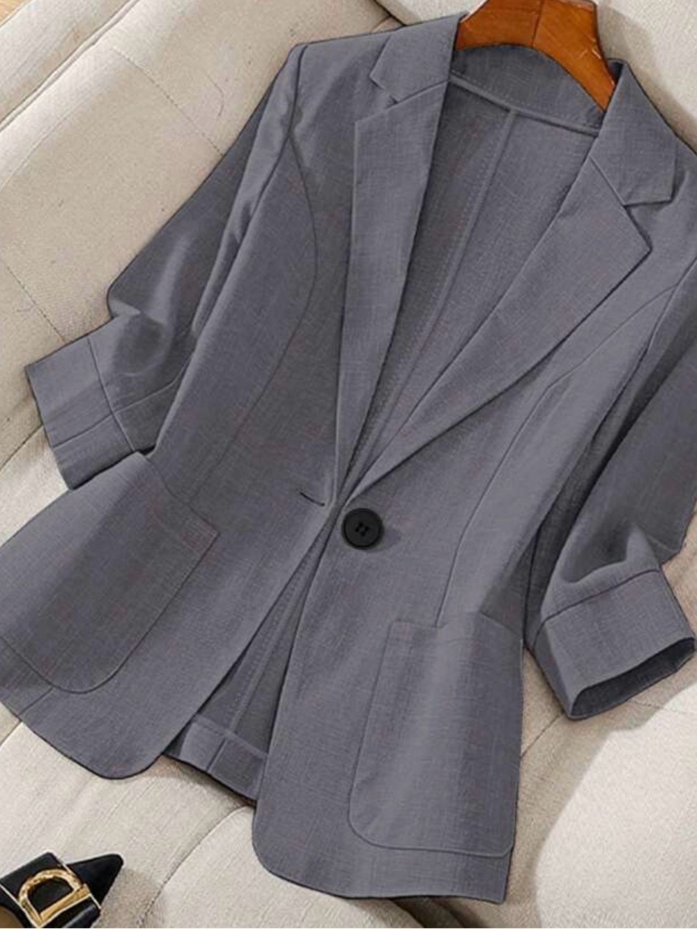 SHEIN Women's 3/4 Sleeve Lapel One Button With Pockets Gray Blazer - L